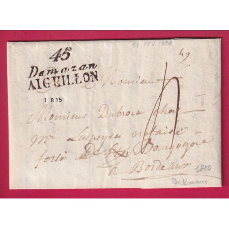 DOUBLE CURSIVE 45 DAMAZAN AIGUILLON LOT ET GARONNE 1820 EX COLLECTION DUBUS POUR BORDEAUX LETTRE