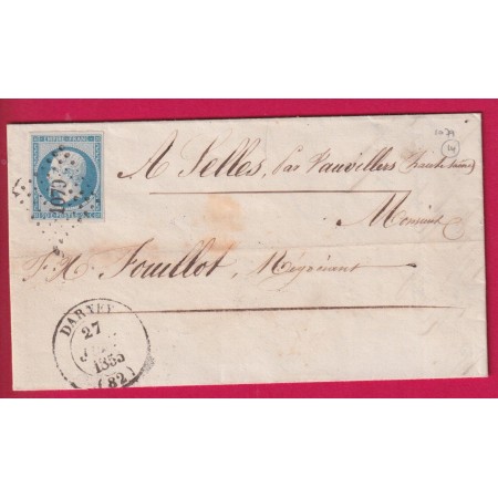 N°14 PC 1079 CAD TYPE 14 DARNAY VOSGES 1855 POUR SELLES HAUTE SAONE INDICE 14 LETTRE