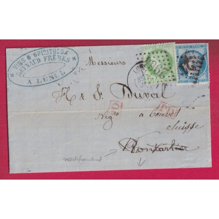 N°60 GC 2123 LUNEL HERAULT REEXPEDIEE N°53 GC 2964 PONTARLEIR DOUBS POUR COUVET SUISSE LETTRE