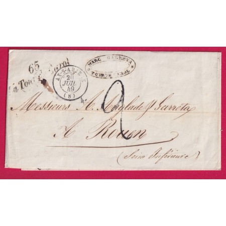 CURSIVE 65 LA TOUR DE CAROL PYRENEES ORIENTALES CAD TYPE 15 AX SUR ARIEGE TAXE 2 POUR ROUEN SEINE INFERIEURE LETTRE