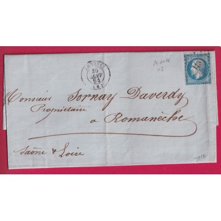 N°22 PC DU GC  113 ANNONAY ARDECHE INDICE 12 POUR ROMANECHE SAONE ET LOIRE 1864 LETTRE ETIQUETTE PUB AU DOS