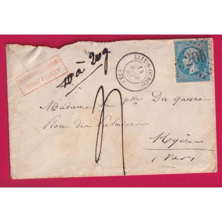 N°22 LIZY SUR OURCQ SEINE ET MARNE TAXE MANUSCRIT 4 MENTION POIDS 10 0 20 GRAMMES POUR HYERES VAR LETTRE