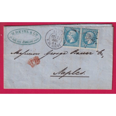 N°22 PAIRE PARIS ETOILE 24 R DE CLERY POUR NAPLES NAPOLI ITALIE 1864 LETTRE