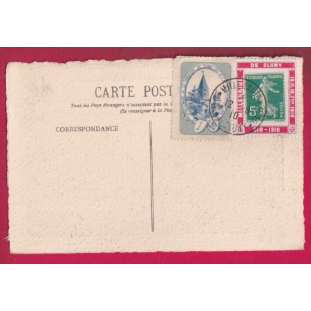 PORTE TIMBRE MILLENAIRE DE CLUNY + VIGNETTE 1910 SAONE ET LOIRE LETTRE