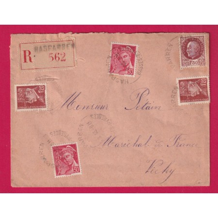 N° 412 X2 517 515 X2 RECOMMANDE D'OFFIVE POUR LE MARECHAL PETAIN A VICHY HASPARREN BASSES PYRENEES 1943 LETTRE