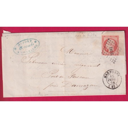 N°16 COIN DE FEUILLE PC 1885 MARMANDE LOT ET GARONNE POUR DAMAZAN LETTRE