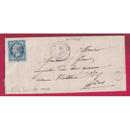 N°22 GC 2482 MONTHERY SEINE ET OISE BOITE RURALE I LE FERME DES NOUES POUR PARIS 1867 LETTRE