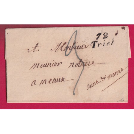 CURSIVE 72 TRIEL SEINE ET OISE POUR MEAUX SEINE ET MARNE INDICE 10 AU DOS BANLIEUE 1834 LETTRE