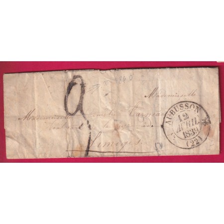 TAXE 3 DE FABRICATION LOCALE CAD TYPE 12 AUBUSSON CREUSE 1839 POUR LIMOGES HAUTE VIENNE LETTRE