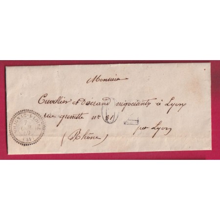 CAD TYPE 22 SOLIGNAC SUR LOIRE HAUTE LOIRE 1859 TAXE TAMPON 30 POUR LYON RHONE INDICE 18 LETTRE