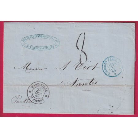 CAD MARTINIQUE ST PIERRE 1868  VOIE ANGLAISE  POUR NATES 1869 LETTRE