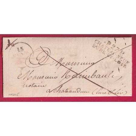 MARQUE P27P CHATEAUNEUF EURE ET LOIR 1829 POUR CHATEAUDUN INDICE 15 LETTRE