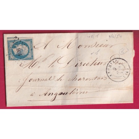 N°15 PC 108 ARCHIAC CHARENTE 9 JUIN 1854 POUR ANGOULEME LETTRE