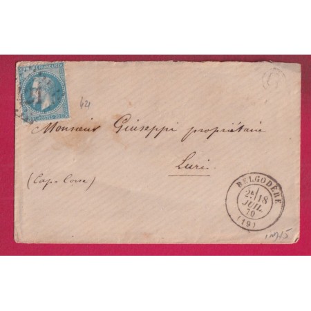N°29 GC 421 BELGODERE CORSE POUR LURI CAP CORSE 1870 INDICE 15 LETTRE