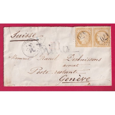 N°55 PAIRE GC 470 BEUZEVILLE EURE POUR GENEVE SUISSE 1874 LETTRE