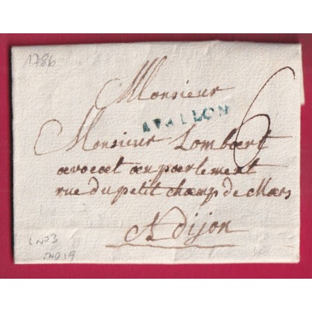 MARQUE AVALLON YONNE EN BLEU 1786 LENAIN N°3 INDICE 19 POUR DIJON LETTRE