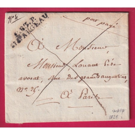 MARQUE P83P ST FARGEAU YONNE 1829 INDICE 14 POUR PARIS LETTRE