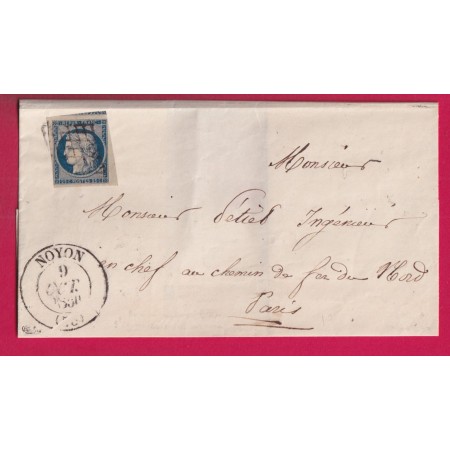 N°4 TTB BDF 2 VOISINS GRILLE + CAD TYPE 13 NOYON OISE 1850 SIGNE CALVES POUR PARIS LETTRE