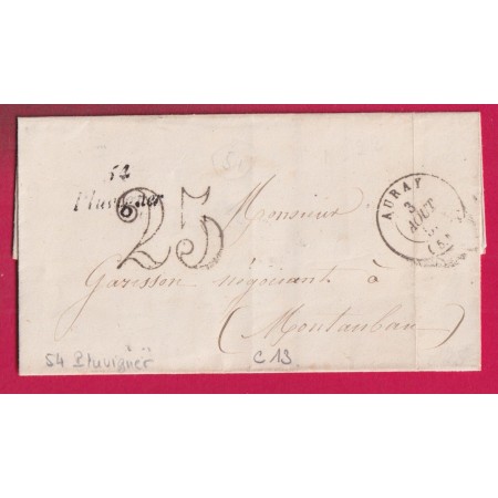 CURSIVE 54 PLUVIGNIER MORBIHAN 1853 INDICE 13 AU DOS AMBULANT LIGNE DE TOURS POUR MONTAUBAN TARN ET GARONNE LETTRE