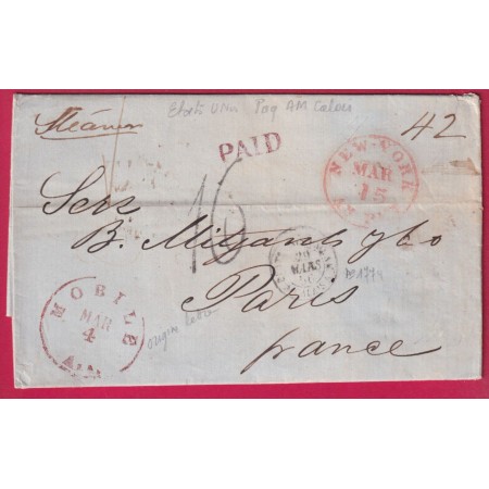 LETTRE DE MOBILE USA ETATS UNIS 1856 VIA NEWYORK TAXE TAMPON 16 POUR PARIS VOIE ANGLAISE LETTRE
