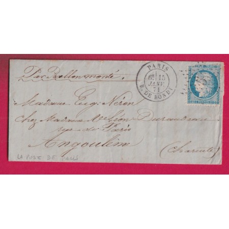 GUERRE 1870 BALLON MONTE LA POSTE DE PARIS 15 JANVIR 1871 POUR ANGOULEME CHARENTE  LETTRE