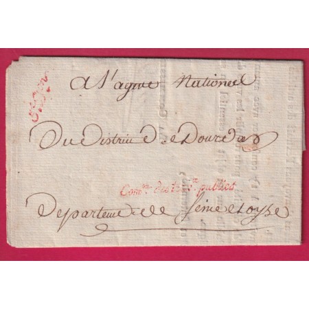 FRANCHISE COMon DES TRAVAUX PUBLICS EN ROUGE AN2 1794 POUR DOURDAN SEINE ET OISE LETTRE