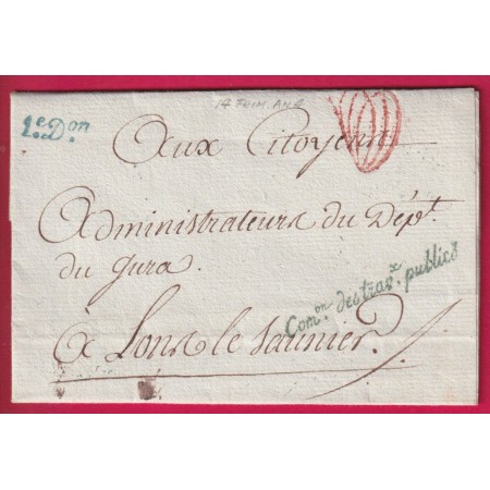 FRANCHISE COMon DES TRAVAUX PUBLICS EN VERT AN4 1796 POUR LONS LE SAULNIER JURA RARE LETTRE
