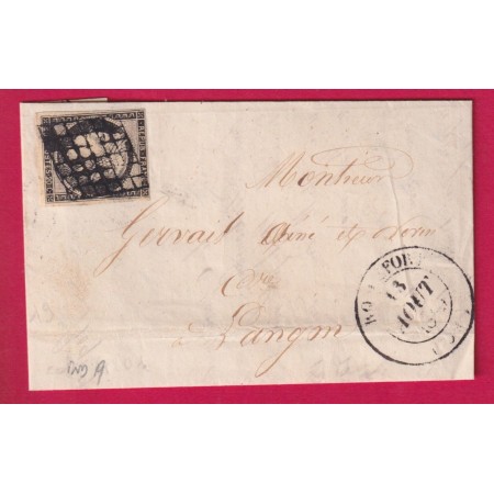 N°3 NOIR GRILLE ROQUEFORT LANDES CAD TYPE 14 INDICE 19 DU 13 AOUT 1849 LETTRE