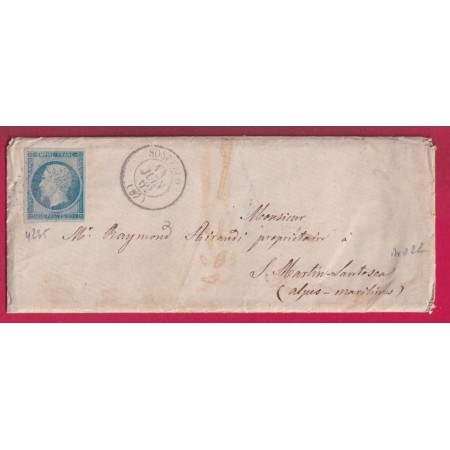 N°14 PC 4235 SOSPELLO SOSPEL ALPES MARITIMES INDICE 22 POUR ST MARTIN LANTOSCA TYPE 22 AU DOS LETTRE