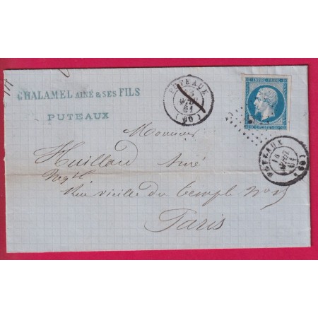 N°14 PC PUTEAUX SEINE PRECUSEUR APRES LE DEPART 13 ET 14 AVRIL 1861 POUR PARIS LETTRE