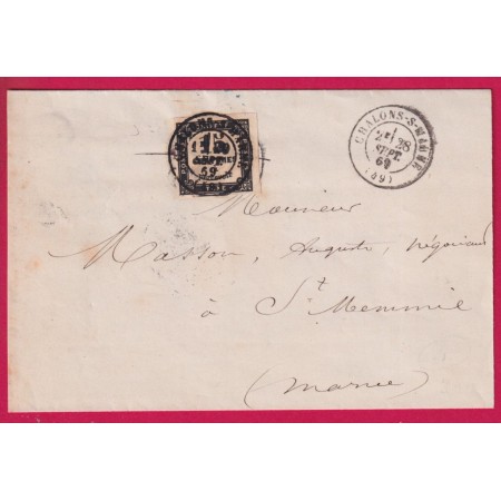 TAXE TAMPON 30 ANNULE PAR TIMBRE TAXE N°3 CHALONS SUR MARNE 1869 POUR ST MEMMIE LETTRE