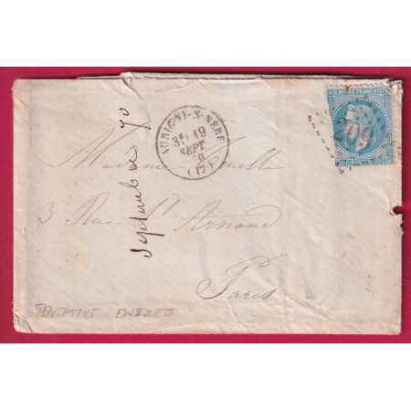 TENTATIVE ENTREE N°29 GC 209 AUBIGNY SUR NERE CHER 19 SEPTEMBRE 1870 POUR PARIS PENDANT LE SIEGE LETTRE