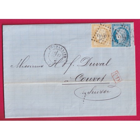 N°55 60 GC 2964 TARIF FRONTALIER DOUBLE PORT PONTARLIER DOUBS POUR COUVET SUISSE LETTRE