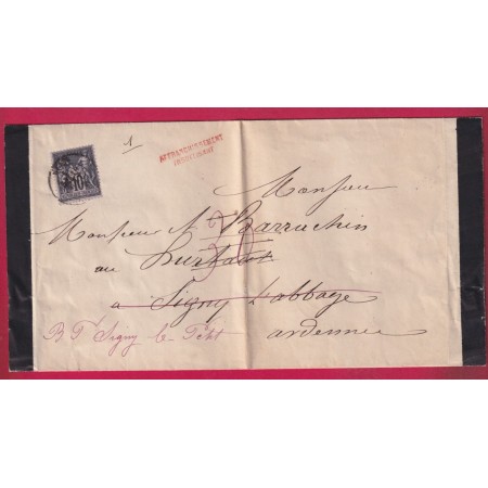 N°89 CAD REIMS MARNE GRIFFE FABRICATION LOCALE EN ROUGE AFFRANC INSUFF TAXE 30 ANNULE SIGNY LE CHATEL ARDENNES LETTRE