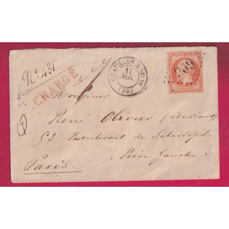 N°23 GC 969 CHATILLON SUR SEINE COTE D'OR LETTRE CHARGE POUR PARIS LETTRE