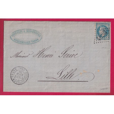 N°29 GC 4696 BITSCHWILLER THANN HAUT RHIN 1870 POUR LILLE NORD INDICE 14 LETTRE