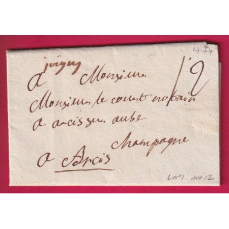MARQUE MANUSCRIT JOIGNY YONNE 1774 POUR ARCIS SUR AUBE LENAIN N°1 INDICE 12 LETTRE
