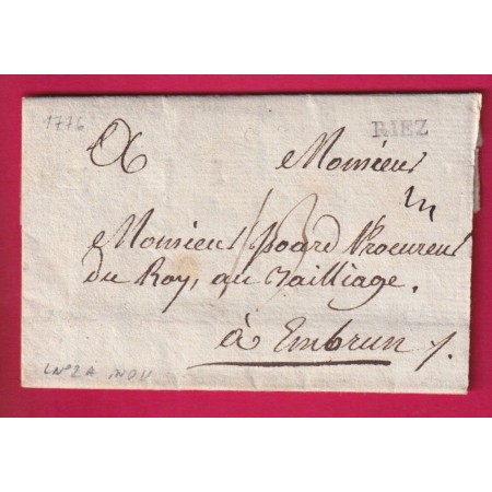 MARQUE RIEZ BASSES ALPES 1776 LENAIN N°2A POUR EMBRUN INDICE 11 LETTRE