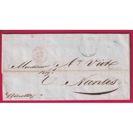 CAD ST DENIS ILE BOURBON 1848 + PP ENTREE OUTREMER NANTES EN ROUGE NAVIRE LA NINETTE LETTRE