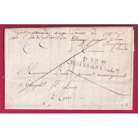 MARQUE P13P CROISSANVILLE CALVADOS 1821 POUR CAEN INDICE 18 LETTRE