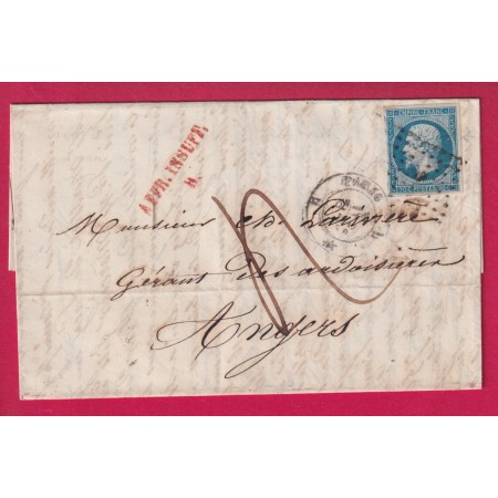 N°14 PARIS BUREAU B TAXE 4 AFFR INSUFF B POUR ANGERS MAINE ET LOIRE LETTRE