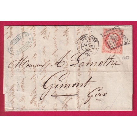 N°16 TTB PC 3383 TOULOUSE HAUTE GARONNE POUR GIMONT GERS 1859 LETTRE