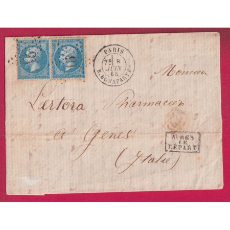 N°22 PAIRE PARIS ETILE 15 R BONAPARTE POUR GENES GENOVA IALIE ITALIA LETTRE