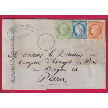 N°53 60 38 GC 4206 VIGNACOURT SOMME POUR PARIS 1875 TIMBRE FISCAL DANS TEXTE LETTRE