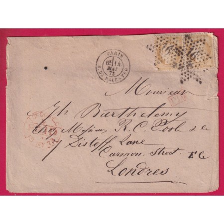 N°59 PAIRE PARIS ETOILE 16 R DE PALESTRO 1873 POUR LONDRES LONDON ANGLETERRE LETTRE