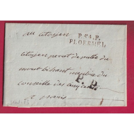 MARQUE P54P PLOERMEL MORBIHAN + PP SPECIAL PARIS AN5 1797 POUR PARS DEPUTE DU MORBIHAN DISTRIBUEE PAR PETITE POSTE