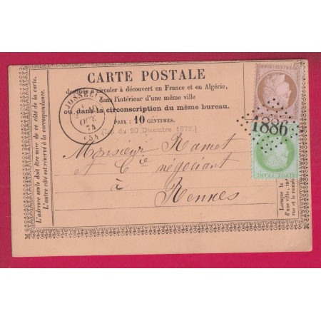 CARTE PRECURSEUR VARIETE DE DECOUPE N°53 58 GC 1886 JOSSELIN MORBIHAN POUR RENNES ILLE ET VILAINE LETTRE
