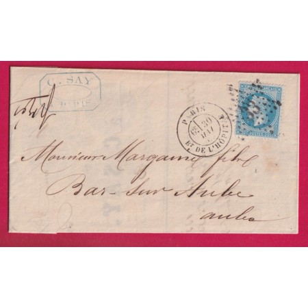 N°29 PARIS ETOILE 33 BT DE L'HOPITAL POUR BAR SUR AUBE 1869 LETTRE