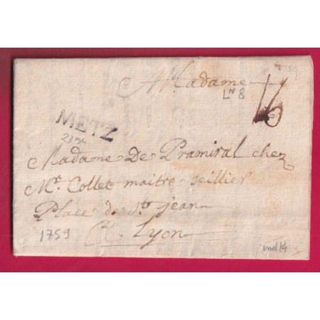 MARQUE METZ MOSELLE 1759 LENAIN N°8 INDICE 14 POUR LYON LETTRE