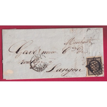 N°3 TTB GRILLE BORDEAUX 23 AOUT 1849 POUR LANGON GIRONDE LETTRE